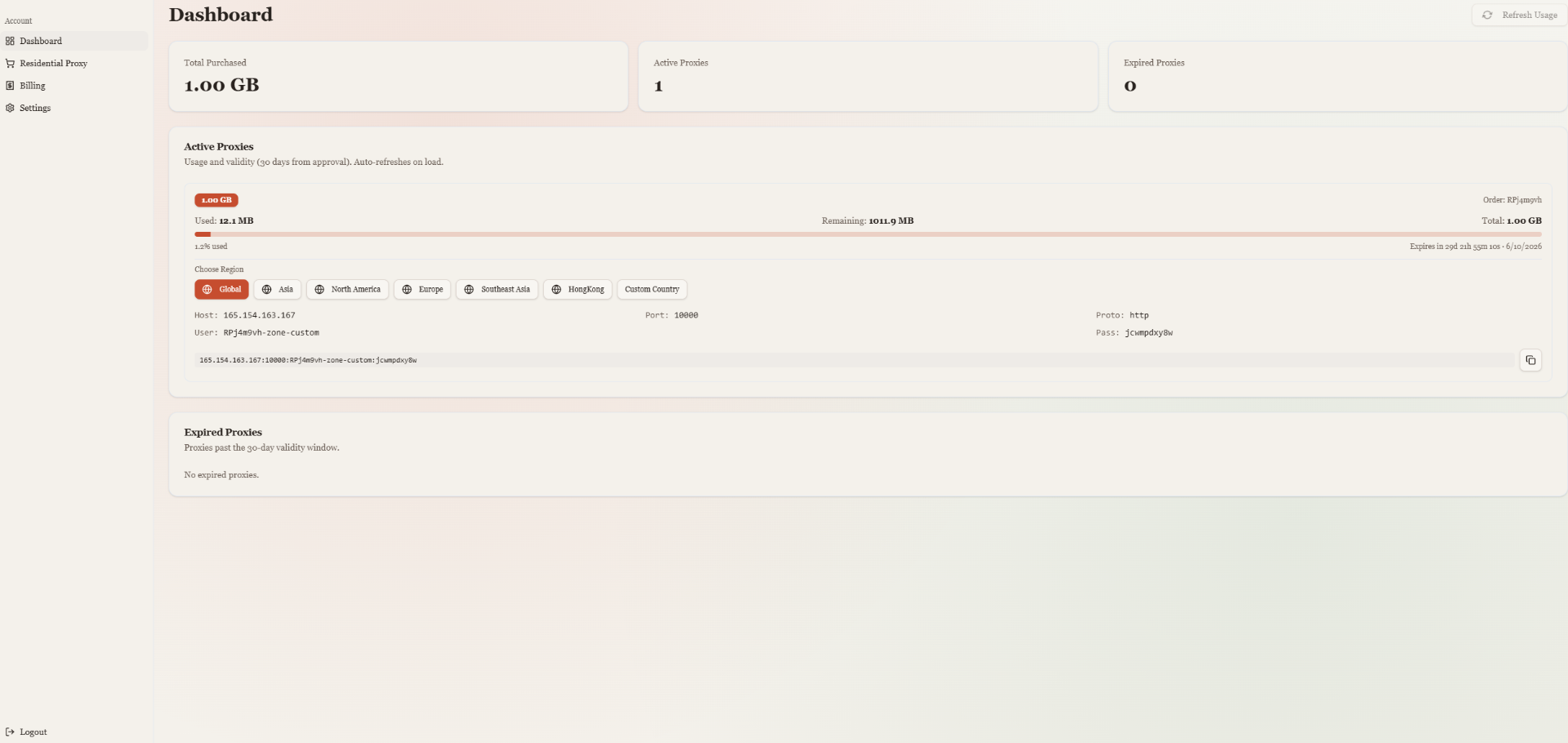 Live dashboard — track usage & remaining traffic in real time